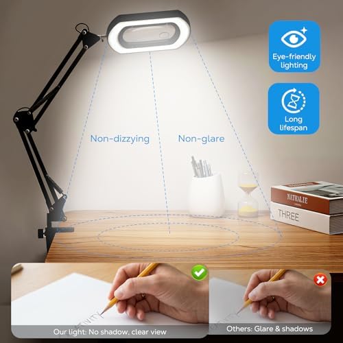 MoKo 15X 30X Magnifying Glass with Light and Stand, Magnifying Desk Lamp with Clamp, 5 Color Modes Stepless Dimmable LED Lighted Magnifier, Desk Magnifier for Close Work, Reading, Crafts, Black