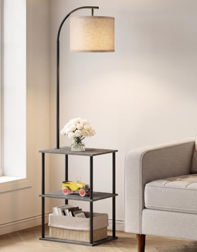 PARTPHONER Floor Lamp with Table, Night Stand with Lamp, Narrow Side Table with 3CCT LED Bulb, Small Coffee Table, Modern End Table with Storage Shelves for Living Room Bedroom, Oak Gray
