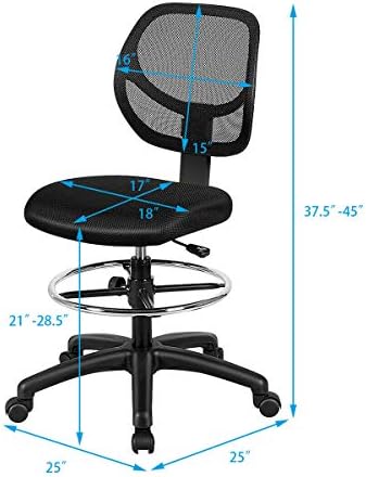 GIANTEX Drafting Chair Tall Office Chair with Back, Height Adjustable Home Office Chair on Wheels, Ergonomic Computer Standing Desk Chair with Footrest Ring for Bedroom, Black