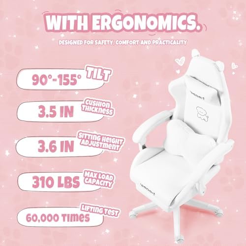 VlGOSlT Cat Ear Gaming Chair with Footrest - Adjustable Lumbar Support, 310lbs Capacity.Removable Cute Ears, Cotton-Filled Ergonomic Computer Chair for Girls/Teens (White)