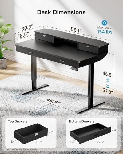 HUANUO 55 x 30 inch Electric Standing Desk with 4 Drawers, Black