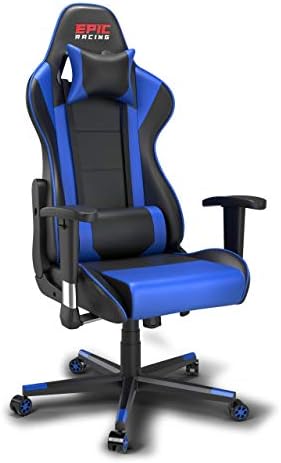 Professional Blue Gaming Chair - Leather Gaming Chair with Adjustable Height and Headrest Support