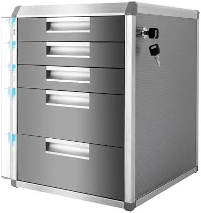 Desk Organizer with 5 Drawers, Metal Desktop Storage Cabinet File Holder with Locks and Keys, Filing Case Literature Organizer for Office Home, L12.4*D13.8*H16in, Silver & Grey