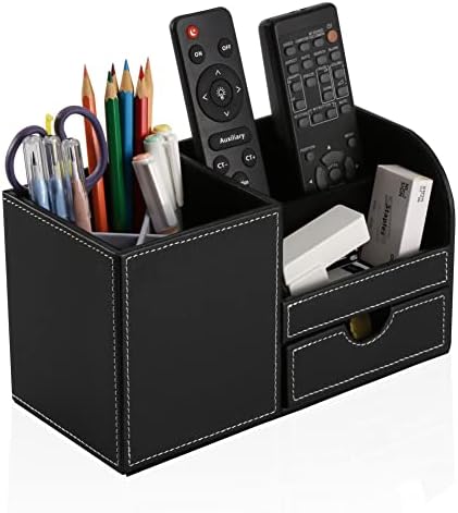 KINGFOM Desk Organizer Office Supplies Caddy Pu Leather Multi-function Storage Box Pen/Pencil,Cell phone, Business Name Cards Remote Control Holder with Small Drawer Black