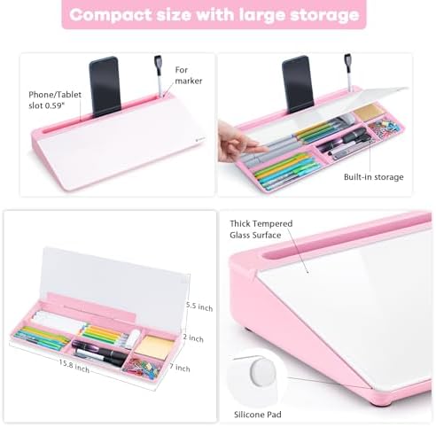 Varhomax Glass Desk Whiteboard with Storage, Desktop Organizer
