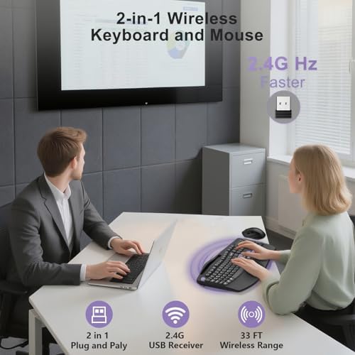 Wireless Keyboard and Mouse Combo, Full Size Ergonomic Wave Keys(Purple-B)