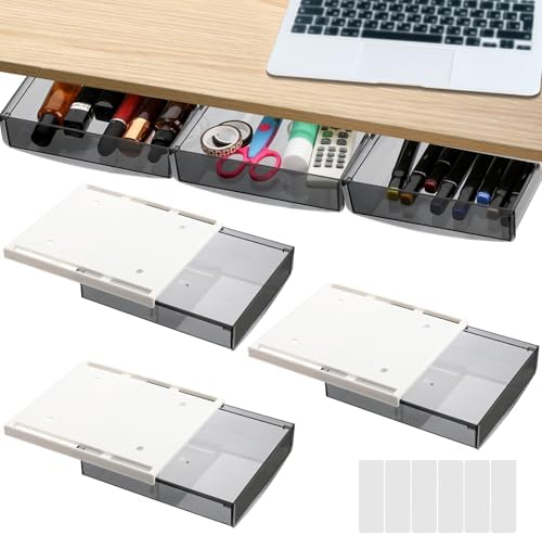 SOUJOY 3 Pack Under Desk Drawer, Self-Adhesive Slide Out Organizer Tray, Plastic Under Table Attachable Hidden Storage Organizer for Office Home School Kitchen Sewing Table