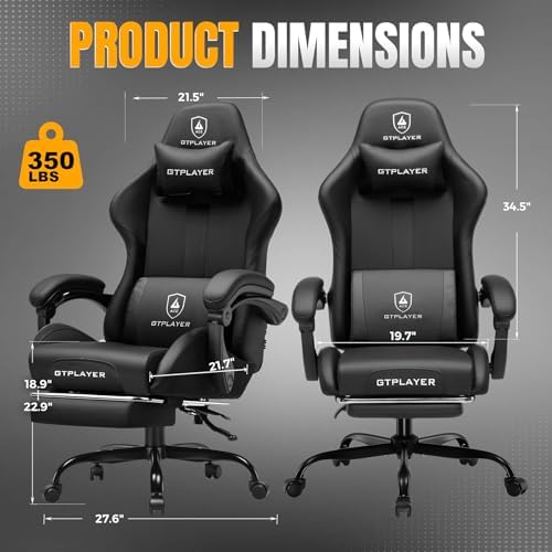 GTPLAYER Gaming Chair with Pocket Spring Cushion, Leather Office Chair with Ergonomic High Back & Lumbar Support for Back Pain Relief, Computer Game Chair for Adults, Black