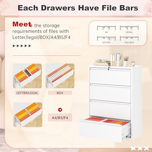 Superday Lateral File Cabinet 4 Drawer Metal File Cabinet with Lock, White Filing Cabinets for Home Office, Locking Filing Cabinets Hanging Files Letter/Legal/F4/A4