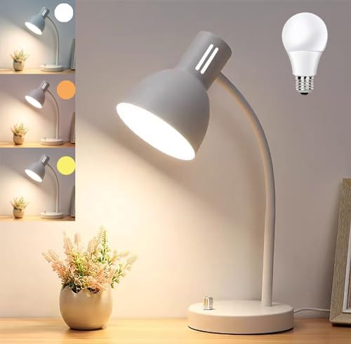 AFORTLO LED Desk Lamp,3 Color Temperature Changeable Table Lamp,Flexible Gooseneck Eye-Caring Book Reading Light for Home Office, Study, Nightlight with Bulb (White)