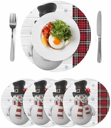 13inch Round Braided Placemats Set of 4, Washable Woven Dining Table Mats, Polypropylene Place Mats for Kitchen Table Home Decoration, Christmas Snowman Stretchings
