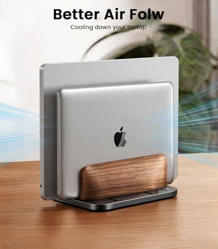 LOXP Vertical Laptop Stand, Dual Slot Wooden + Aluminum Laptop Holder