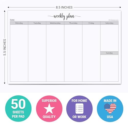 321Done Weekly Planner Notepad, Half Letter 5.5x8.5, 50 Sheets, All 7 Days