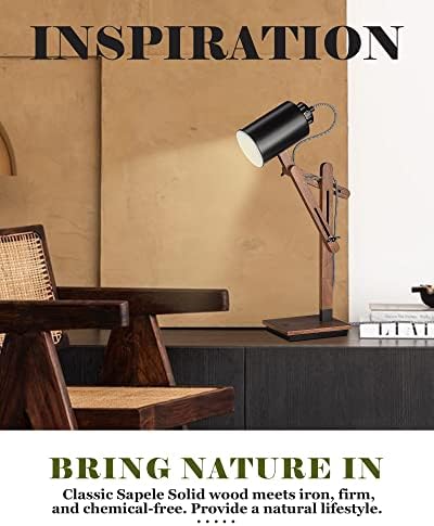 ELYONA Touch Control Sapele Wood Desk Lamp with Wireless Charging & USB Port, LED Reading Task Light,Adjustable, Swing Arm Table Lamp for Bedroom, Study Work, Office, Dorm, Bulb Included, Black