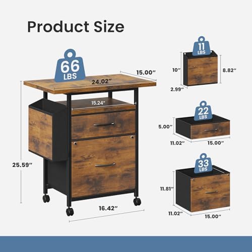 Simple Deluxe 2 Drawer File Cabinet with 24" Extended Desktop, Mobile Filing Cabinet, Rolling File Cabinet with Side Bag, Fabric Drawer, Fits A4/Letter Size, Printer Stand Home Office, Brown