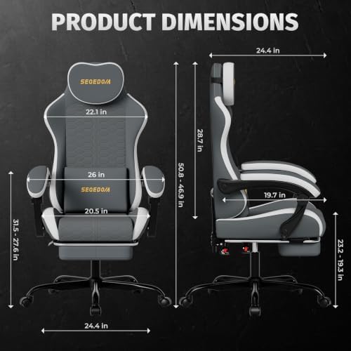 Honeycomb Embossed Gaming Chair with Footrest & Massage Lumbar Support, Adjustable Ergonomic Office Chair for Adults, 300 lbs (Grey White)