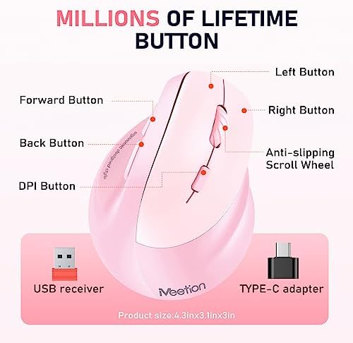 MEETION Left-Handed Ergonomic Mouse, Vertical RGB Design, Pink for Right