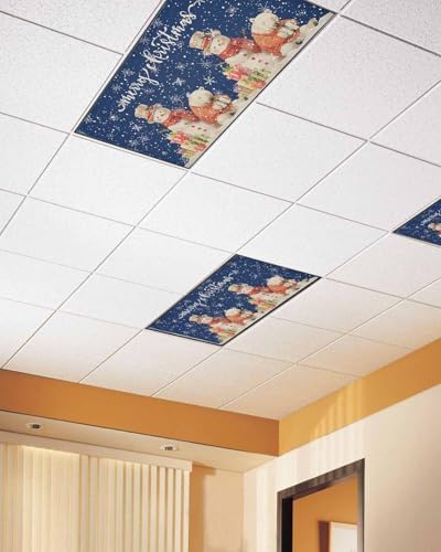 Christmas Magnetic Fluorescent Light Covers for Ceiling Lights 2 x 4 Feet,Retro Snowflakes Snowman Bear Farmhouse Blue Office Classroom Kitchen Drop Ceiling Light Covers Filters Shade Panel 2 Packs
