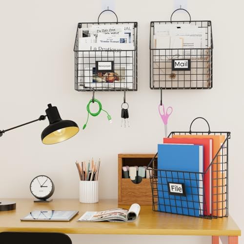 3 Packs Hanging Wall File Organizer with Hooks, Magazine Rack ,Mail Basket
