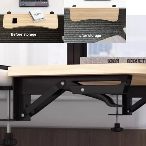 Foldable Desk Extender Tray - Curved Keyboard & Computer Arm Rest Shelf - Elbow Support with C Clamp - Walnut Finish, 20x10in (52x25cm) for Ergonomic Workstation