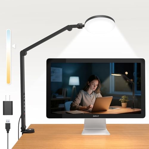 Desk Lamp, ZAPLIT 10W LED Desk Light with Clamp & Adjustable Arm for Home Office, Touch Control Eye-Care Light for Reading with 5 Color Temps (1700K-6000K) & 10 Brightness, Timer, USB Adapter Included