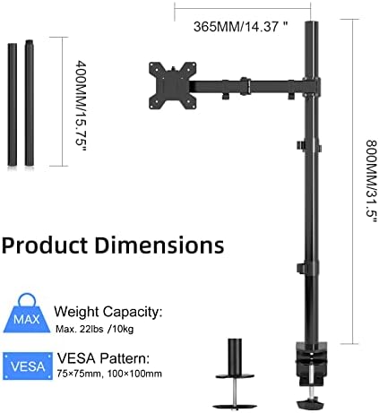 Suptek Single Monitor Arm Desk Mount Fully Adjustable Monitor Stand for 1 / One Screen up to 32 inch Extra Tall 31.5 inch Pole,Black (MD6821)