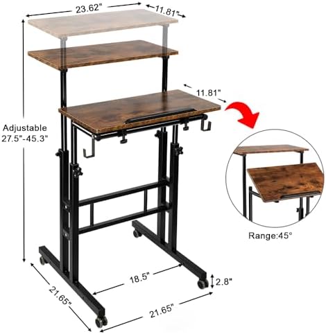 SIDUCAL Mobile Standing Desk, Portable Stand Up Desk, Small Adjustable Converter with Wheels Home Office Workstation, Rolling Laptop Cart for Sitting, Rustic Brown