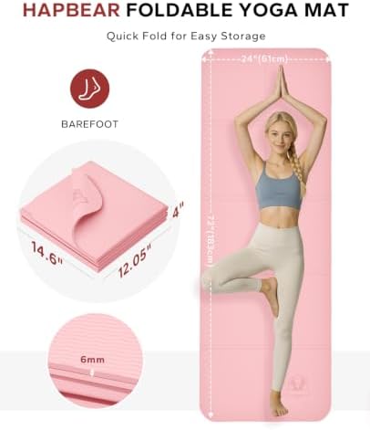HAPBEAR Foldable Yoga Mat - 72"x24"x0.24" (6mm), Non-Slip TPE Exercise Mat for Home Workout, Yoga, Pilates,Stretching, & Travel, Durable & Eco-Friendly, Includes Carry Bag