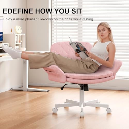 Misolant Fabric Criss Cross Chair with Armrests & Wheels for Cross-Legged Sitting, Comfortable Vanity Chair, Office Desk Chairs with Adjustable Rocking Function, for Home, Bedroom Pink
