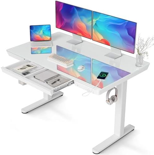 Claiks Glass Standing Desk with Drawers & USB Ports 48x24 Inch, White