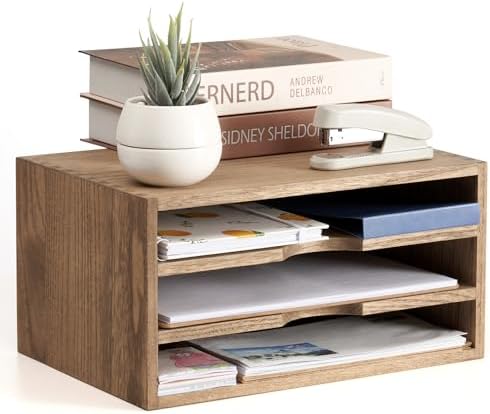 KIRIGEN Wooden Desk Organizer 3-Tier Letter Tray and Paper Sorter, Brown