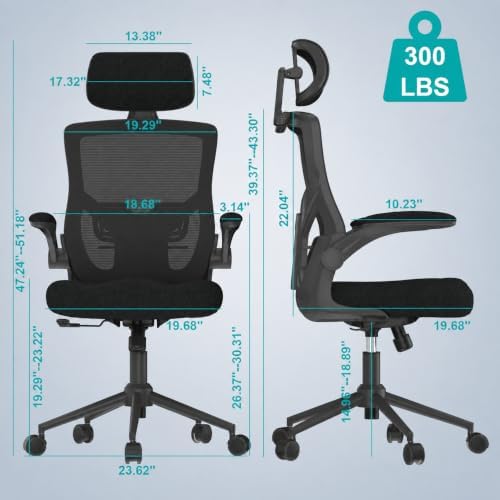 Office Desk Chair for Long Hours & Back Pain Relief – 4“ Thick Molded Foam Cushion, Enhanced Lumbar Support, Padded Flip-up Armrests, Ideal for Office or Study (Black-HR)