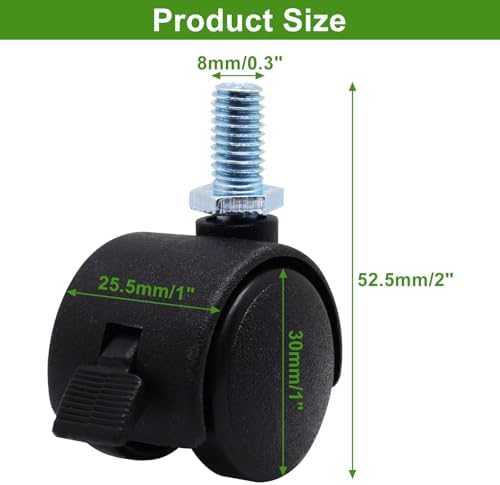 1 Inch Swivel Caster Wheels with Brake, M8 Threaded Swivel Casters Set of 4, Black Nylon Replacement Casters Wheels for Furniture Table Cabinet Office Chair