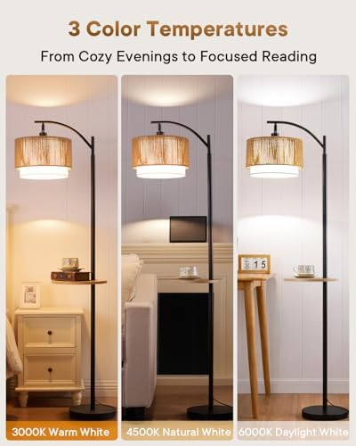 PESRAE Rattan Floor Lamp for Living Room, Farmhouse Arc Standing Lamp