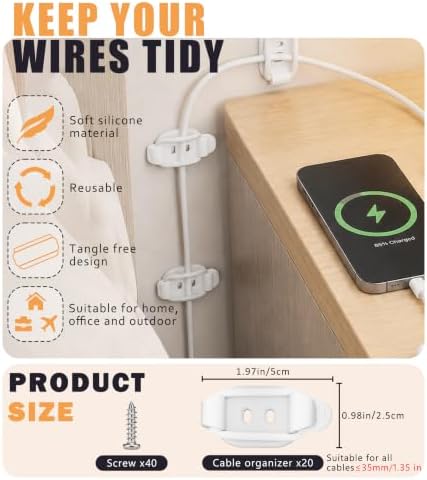 20 Pack Cable Management Clips, Adhesive Cord Organizer-White