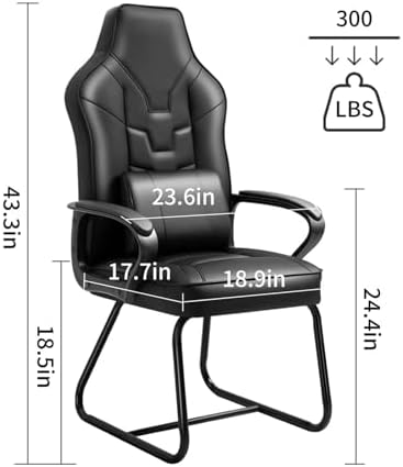 Leather Office Guest Chair No Wheels High Back Computer Reception Chairs with Padded Arms Waist Pillow for Meeting Gaming Conference Waiting Room, Black