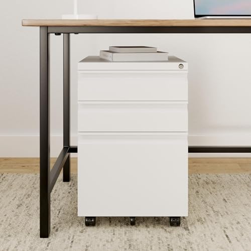 Mount-It! 3 Drawer File Cabinet with Lock and Wheels, Under Desk Storage Filing Pedestal for Home Office, No Assembly Small Rolling File Cabinet for Legal, Letter, and A4 Files in White