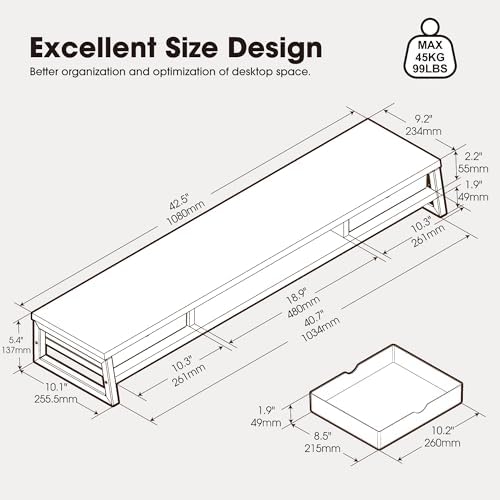 Fenge Dual Monitor Stand Riser, 42.5in Desk Shelf with 2 Drawers, Black