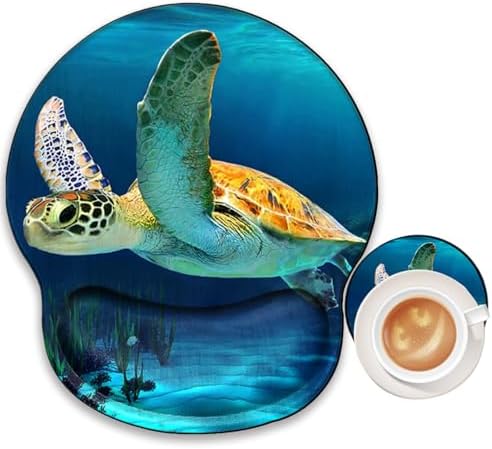 Sea Turtle Mouse Pad with Wrist Support Ergonomic Gel Mousepad Wrist Rest for Carpal Tunnel Cute Mouse Mat for Laptop Office Work Women Men Kids with A Coaster