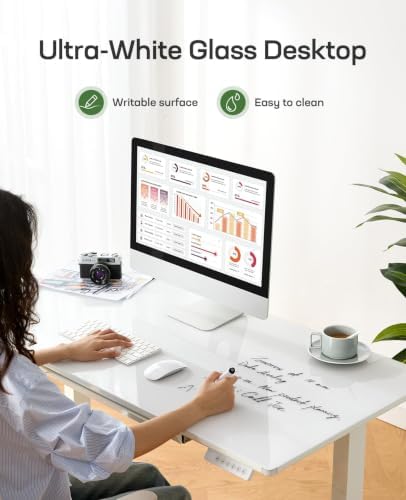 Marsail Glass Standing Desk with Drawer 37 x 22 Inches Stand up Desk Standing Desk Adjustable Height with One-Piece Tempered Glass Top, Ergonomic Home Office Desk with 4 Preset Heights White