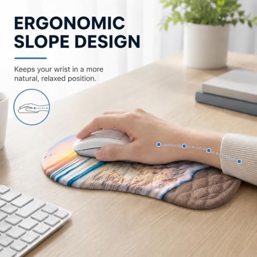 Ergonomic Mouse Pad with Wrist Rest, Mouse Pad with Memory Foam Massage Support, Non-Slip PU Base, Comfortable Typing Cushion for Home Office Computer Laptop, Beach