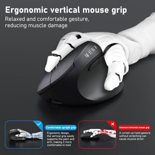 Redragon Ergonomic Mouse, Bluetooth Rechargeable Wireless Vertical Mouse, 3 Multi-Device Connectivity for Computer/PC/Laptop, 500mAh Battery, 2.4GHz USB-A Optical Mice for Windows, Mac OS, Black