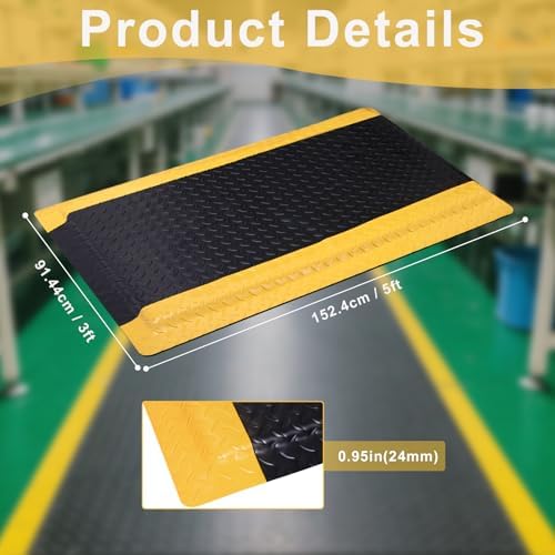 Anti Fatigue Mats Industrial 3 x 5 Ft, 15/16'' Thick Ergonomic Standing Floor Mat Heavy Duty Commercial Diamond Plate Vinyl Non Slip Safety Ergonomic Standing Garage Mat
