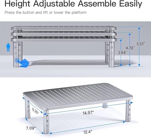 HUANUO Monitor Riser - 3 Height Adjustable Stand for Laptop, Computer, iMac, PC, Printer, Desktop Ergonomic Metal Monitor Riser with Mesh Platform