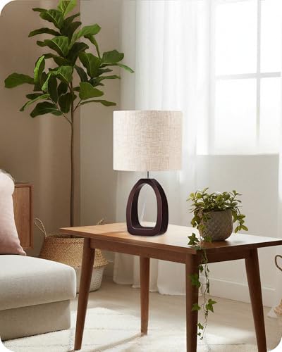 Small Table Lamp, 14.2" Cute Little Desk Lamp, Wood Bedside Lamp with Beige Linen Lampshade & Dark Walnut Base, Modern Nightstand Lamp for Bedroom, E26 Base, Bulb Not Included, STE07TL05