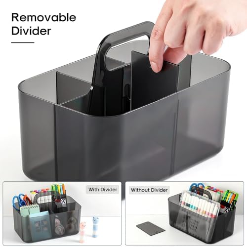Multiuse Caddy Organizer with Handle, Portable Plastic Tote Bin - Art Craft, Stationary Pen Marker Crayons, Makeup Hair Supplies Storage - Bathroom, Classroom, Dorm, Office, Desk Holder - Clear Black