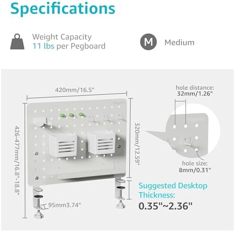 PEGZONE Clamp on Desk Pegboard, 16.5" x 12.6", with 10 Accessories, White