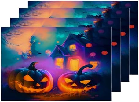 Shrahala Halloween Jack O Lanterns Set Of 4 12 X 18 Inch Linen Placemats , House In Magical Misty Burlap Table Mat Washable Double Layered Heat Insulation For Indoor/Outdoor