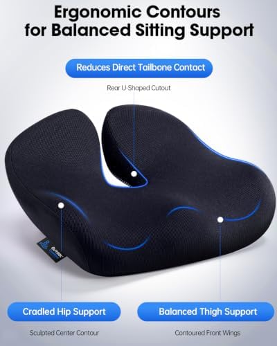 QUTOOL Large Seat Cushion for Office Chair,Pressure Relief & Long Sitting Support,Ergonomic Firm Support Memory Foam with U Cutout, Breathable Chair Cushion for Desk Home Office Work,Non-Slip,Black