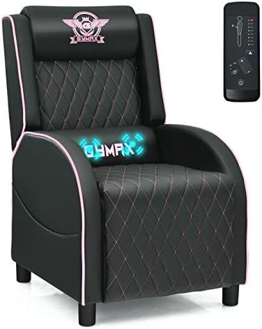 GYMAX Massage Gaming Recliner Chair, Ergonomic Racing Style Single Sofa with Adjustable Headrest, Backrest & Footrest, Home Theater Sofa for Living Room Office (Pink)
